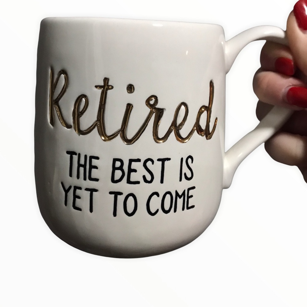 5/20 ✨ OUR NAME IS MUD Retirement Mug in Cream with Gold and Black Writing